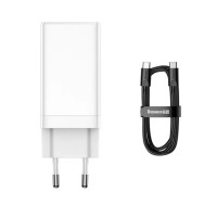 МЗП Baseus GaN3 Pro Fast Charger 2C+U 65W EU White(Include:Baseus Xiaobai series fast charging Cable Type-C  to Type-C 100W(20V/5A) 1m White)